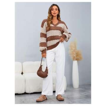 MakeMeChic Women's Cable Knit Color Block Striped Sweater V Neck Long Sleeve Pullover Tops Beige and Brown X-Small