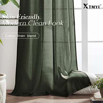 XTMYI Olive Green Linen Boho Curtains for Living Room 84 Inch Length 2 Panels Set,Back Tab Hooks Long Window Treatments Curtain Drapes,Light Filtering Semi Sheer for Bedroom Aesthetic Neutral Decor