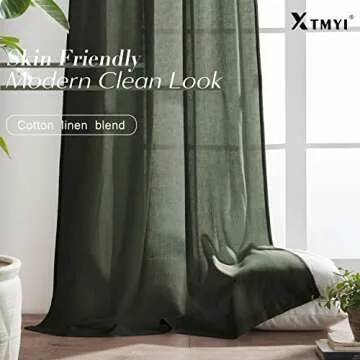 XTMYI Olive Green Linen Boho Curtains for Living Room 84 Inch Length 2 Panels Set,Back Tab Hooks Long Window Treatments Curtain Drapes,Light Filtering Semi Sheer for Bedroom Aesthetic Neutral Decor