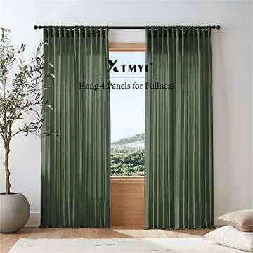 XTMYI Olive Green Linen Boho Curtains for Living Room 84 Inch Length 2 Panels Set,Back Tab Hooks Long Window Treatments Curtain Drapes,Light Filtering Semi Sheer for Bedroom Aesthetic Neutral Decor