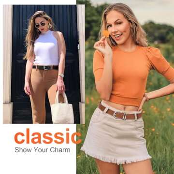 VONMELLI 2 Pack Women's Leather Belts for Jeans Pants Fashion Silver Buckle Ladies Belt Black Brown M