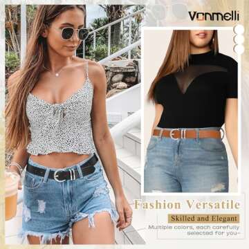 VONMELLI 2 Pack Women's Leather Belts for Jeans Pants Fashion Silver Buckle Ladies Belt Black Brown M