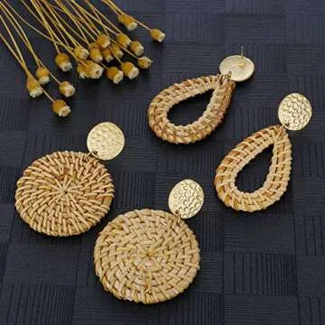 AIDSOTOU Rattan Earrings for Women Lightweight Geometric Statement Earrings Handmade Straw Wicker Braid Teardrop Hoop Drop Dangle Earrings 4 Pairs (Style-4)
