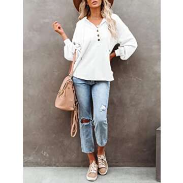 REVETRO Womens Plus Size Hoodie V Neck Long Sleeve Button Down Drawstring Sweatshirtsenley Shirt Tops Tunics Blouses White Large