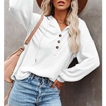 REVETRO Womens Plus Size Hoodie V Neck Long Sleeve Button Down Drawstring Sweatshirtsenley Shirt Tops Tunics Blouses White Large