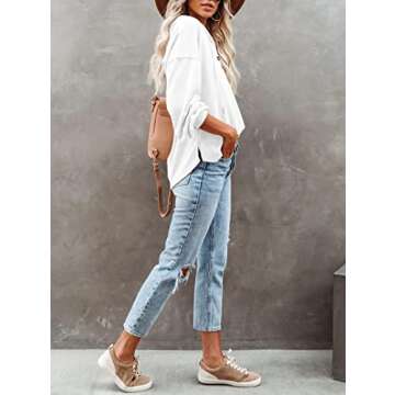 REVETRO Womens Plus Size Hoodie V Neck Long Sleeve Button Down Drawstring Sweatshirtsenley Shirt Tops Tunics Blouses White Large