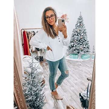 REVETRO Womens Plus Size Hoodie V Neck Long Sleeve Button Down Drawstring Sweatshirtsenley Shirt Tops Tunics Blouses White Large