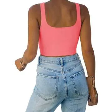 REORIA Women's Summer Sexy Basic Sleeveless Square Neck Fitted Seamless Yoga Cropped Tank Top