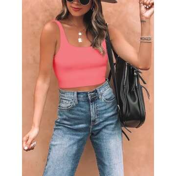 REORIA Women's Summer Sexy Basic Sleeveless Square Neck Fitted Seamless Yoga Cropped Tank Cute Crop Tops for Teen Girls Peach Pink Small