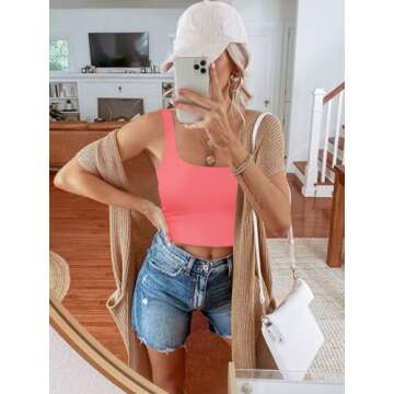 REORIA Women's Summer Sexy Basic Sleeveless Square Neck Fitted Seamless Yoga Cropped Tank Cute Crop Tops for Teen Girls Peach Pink Small