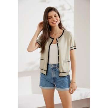 Women’s Short Sleeve Shrug Sweater Cropped Cardigan Crew Neck Open Front Button Down Cardigan Swea...