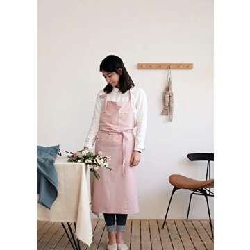 Tobyan Soft Cotton Linen Apron - Retro Linen Art Apron, Adjustable Casual Apron with Towel, Great for Florist, Coffee House and Kitchen (Pink)