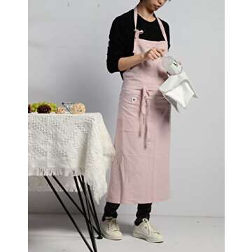 Tobyan Soft Cotton Linen Apron - Retro Linen Art Apron, Adjustable Casual Apron with Towel, Great for Florist, Coffee House and Kitchen (Pink)