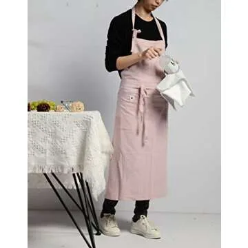 Tobyan Soft Cotton Linen Apron - Retro Linen Art Apron, Adjustable Casual Apron with Towel, Great for Florist, Coffee House and Kitchen (Pink)