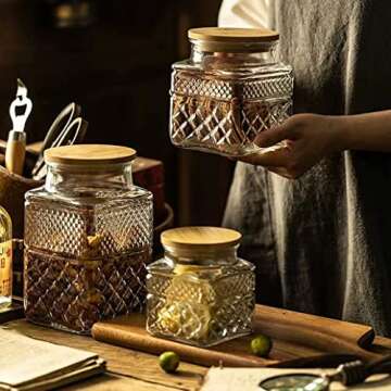Livejun Glass Storage Jars Vintage Embossed Canisters Food Cereal Storage Containers with Bamboo Lid...