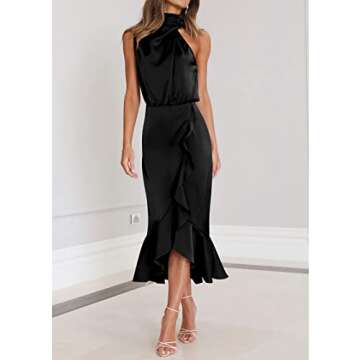 KIRUNDO Womens 2024 Summer Satin Mock Neck Party Cocktail Midi Dress Sleeveless Wrap Ruffle Mermaid ...