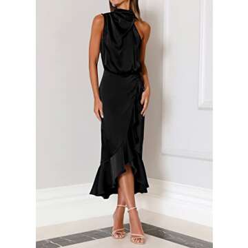 KIRUNDO Womens 2024 Summer Satin Mock Neck Party Cocktail Midi Dress Sleeveless Wrap Ruffle Mermaid Hem Formal Dresses(Black, Medium)