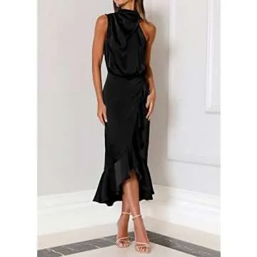 KIRUNDO Women's Satin Mock Neck Midi Dress For Parties