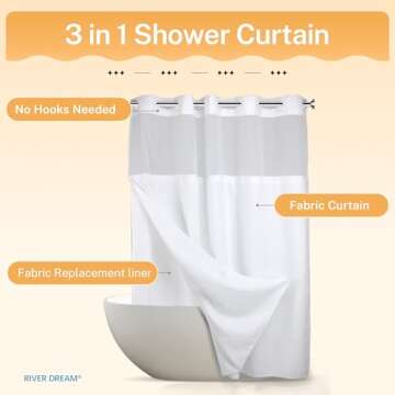 No Hooks Required Dotted Waffle Weave Shower Curtain with Snap in Liner - 71W x 74H,Hotel Grade,Spa Like Bath Curtain,White