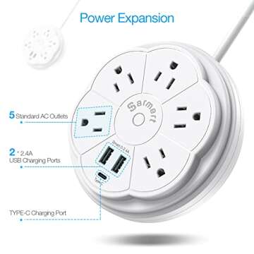 Retractable Power Strip, 5 Outlet Flat Plug Strip with Smart USB Ports and Type-C Port, 900J Surge P...
