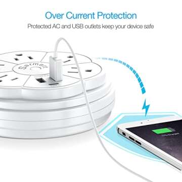 Retractable Power Strip, 5 Outlet Flat Plug Strip with Smart USB Ports and Type-C Port, 900J Surge Protector, 125V/13A, 3.3ft Retractable Extension Cord, Portable & Neat for Travel/Home/Office, White