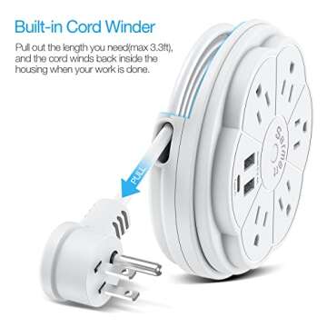 Retractable Power Strip, 5 Outlet Flat Plug Strip with Smart USB Ports and Type-C Port, 900J Surge Protector, 125V/13A, 3.3ft Retractable Extension Cord, Portable & Neat for Travel/Home/Office, White