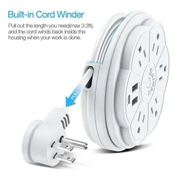 Retractable Power Strip, 5 Outlet Flat Plug Strip with Smart USB Ports and Type-C Port, 900J Surge Protector, 125V/13A, 3.3ft Retractable Extension Cord, Portable & Neat for Travel/Home/Office, White