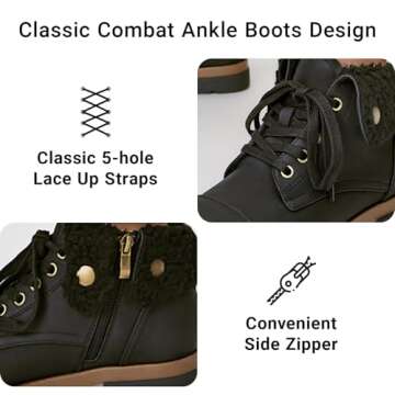 Arromic Winter Warm Fur Lined Ankle Boots for Women Lace Up anti-slip Combat Side Zipper Square Toe Low Heel Booties