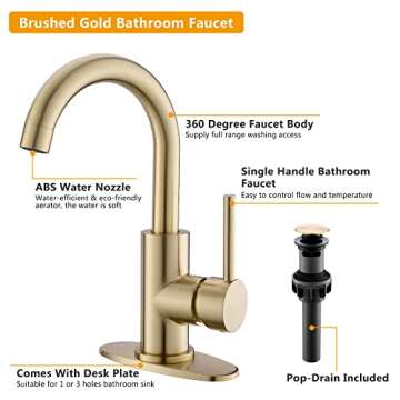 FROPO Gold Bathroom Faucets with Pop-Up Drain, Modern Single Hole Bathroom Sink Faucet with Deck Plate Single Handle Lavatory Faucet Brushed Gold Bar Vanity Faucet