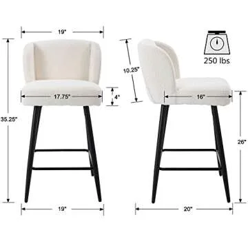 VESCASA Sherpa Counter Barstools with Padded Mid Back, 26 Inches Upholstered Counter Height Bar Stools with Black Metal Legs for Kitchen Island, Set of 4, White