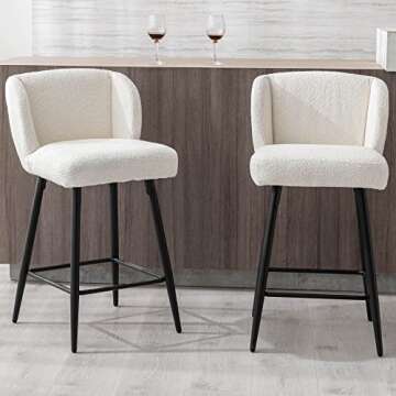 VESCASA Sherpa Counter Barstools with Padded Mid Back, 26 Inches Upholstered Counter Height Bar Stools with Black Metal Legs for Kitchen Island, Set of 4, White
