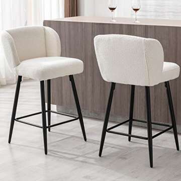 VESCASA Sherpa Counter Barstools with Padded Mid Back, 26 Inches Upholstered Counter Height Bar Stools with Black Metal Legs for Kitchen Island, Set of 4, White