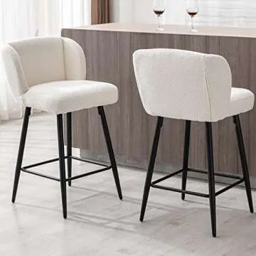 VESCASA Sherpa Counter Barstools with Padded Mid Back, 26 Inches Upholstered Counter Height Bar Stools with Black Metal Legs for Kitchen Island, Set of 4, White