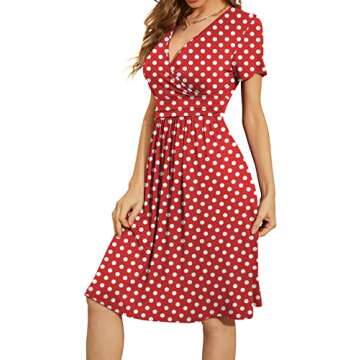 WEACZZY Women Summer Casual Short Sleeve Dresses Empire Waist Dress with Pockets,White Dot Red,S