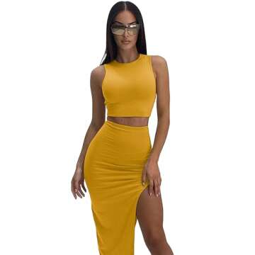 ELLEVEN Two Piece Maxi Skirt Sets - Sexy High Slit Summer Outfit for Women