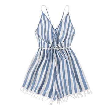 SweatyRocks Women's Sleeveless Striped Wrap V Neck Tassel Hem Beach Shorts Romper Jumpsuit with Belt...