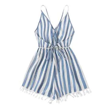 SweatyRocks Women's Sleeveless Striped Wrap V Neck Tassel Hem Beach Shorts Romper Jumpsuit with Belt...