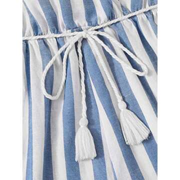 SweatyRocks Women's Sleeveless Striped Wrap V Neck Tassel Hem Beach Shorts Romper Jumpsuit with Belt Blue S