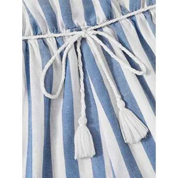 SweatyRocks Women's Sleeveless Striped Wrap V Neck Tassel Hem Beach Shorts Romper Jumpsuit with Belt Blue S