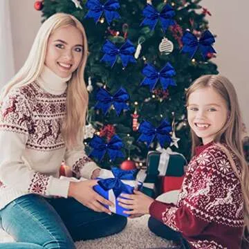 Panelee 12 Pieces Christmas Bows 6 x 6 Inch Velvet Wreath Bow Hanukkah Christmas Decorations Ornaments for Xmas Tree Wreath Garland Party Gift Wrapping DIY Decor(Blue)