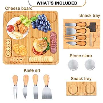 MaMahome Bamboo Cheese Board Set, Charcuterie Boards Platter and Knife set, Hidden Sliding Drawer fo...