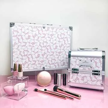 Impressions Vanity Hello Kitty Makeup Case with Full Size Mirror and Lighting,With Touch Sensor, Travel Jewelry Case with Makeup Brush Organizer and Adjustable Dividers (White/Pink)
