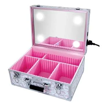 Impressions Vanity Hello Kitty Makeup Case with Full Size Mirror and Lighting,With Touch Sensor, Travel Jewelry Case with Makeup Brush Organizer and Adjustable Dividers (White/Pink)