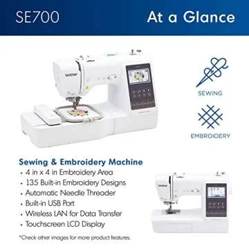 Brother SE700 Sewing and Embroidery Machine, Wireless LAN Connected, 135 Built-in Designs, 103 Built-in Stitches, Computerized, 4" x 4" Hoop Area, 3.7" Touchscreen Display, 8 Included Feet, White