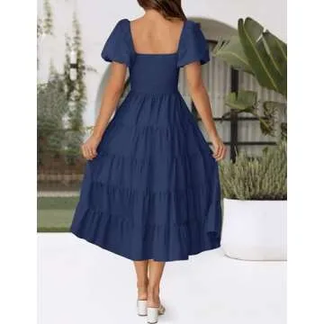 ZESICA Women's Puff Sleeve A-Line Midi Dress - Summer Edition