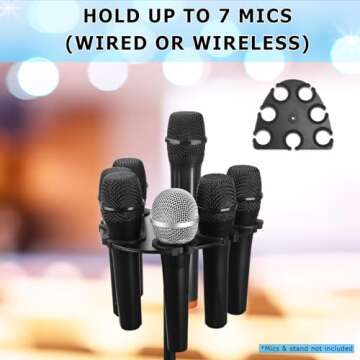 Microphone Holder, Multi Mic Holder for Wired and Wireless Mics, Multiple Microphone Organizer and Display for Mic Stand, Hold Up to 7 Microphones, Aluminum, Black