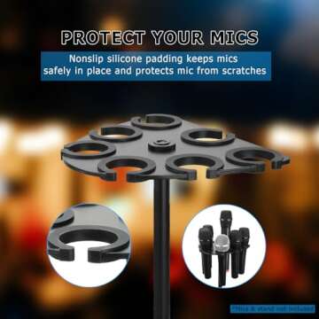 Microphone Holder, Multi Mic Holder for Wired and Wireless Mics, Multiple Microphone Organizer and Display for Mic Stand, Hold Up to 7 Microphones, Aluminum, Black