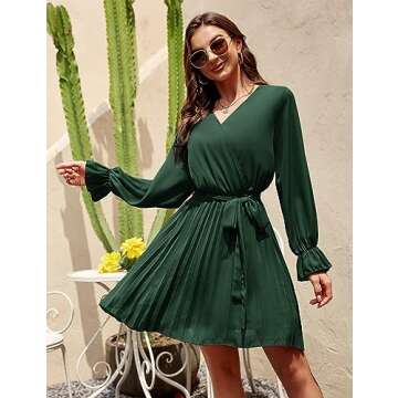 BBX Lephsnt Women’s Summer Casual Wedding Guest Dress Long Puff Sleeve V Neck Pleated Ruffle Flowy Belted Mini Dress Blackish Green