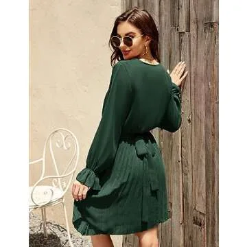 BBX Lephsnt Women’s Summer Casual Wedding Guest Dress Long Puff Sleeve V Neck Pleated Ruffle Flowy Belted Mini Dress Blackish Green