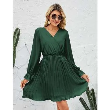 BBX Lephsnt Women’s Summer Casual Wedding Guest Dress Long Puff Sleeve V Neck Pleated Ruffle Flowy Belted Mini Dress Blackish Green